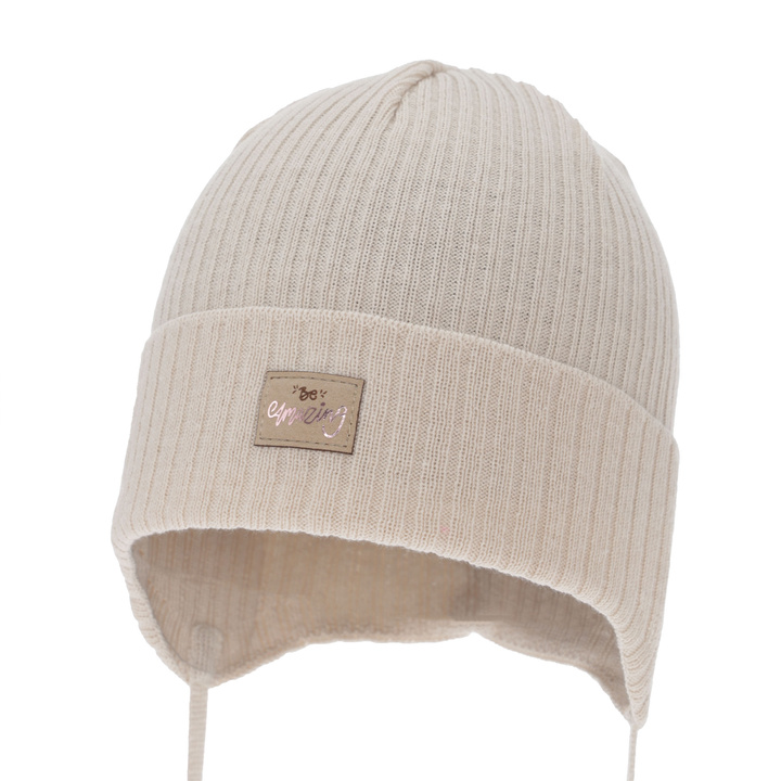 Pige efterår/forår hue, beige, med bindebånd, med bomuld, Tindra