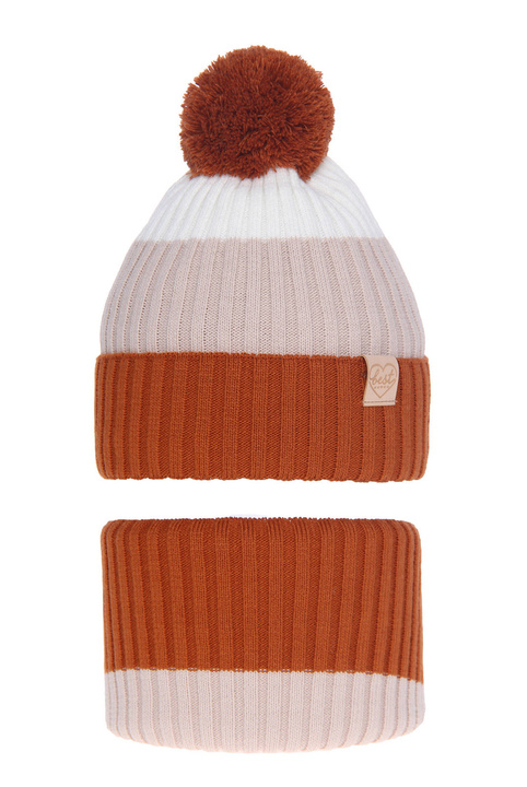 Pige vintersæt: hue og halsrør, brun, med garn pompon, Indiana