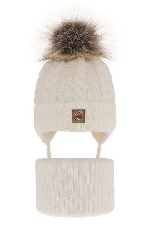 Pige vintersæt: hue og halsrør, creme, med garn pompon, Finess