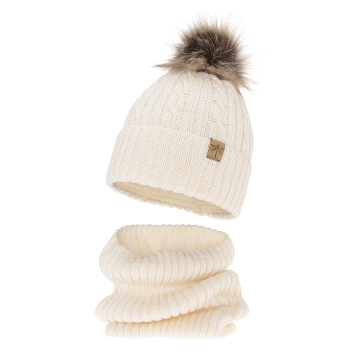 Pige vintersæt: hue og halsrør, creme, med garn pompon, med merinould, Aprilia