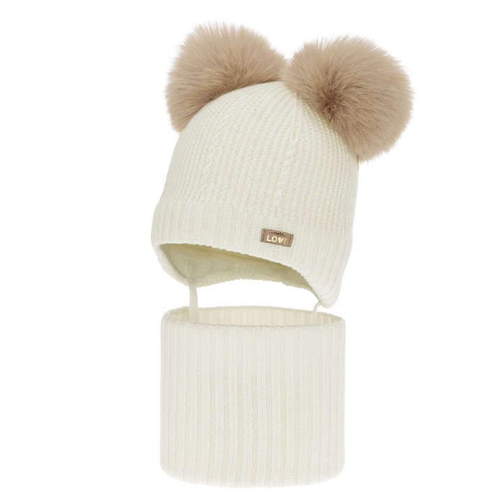 Pige hue og halsedisse, vinter sæt, creme, 100% merinould, foret med uld fleece, Lumia