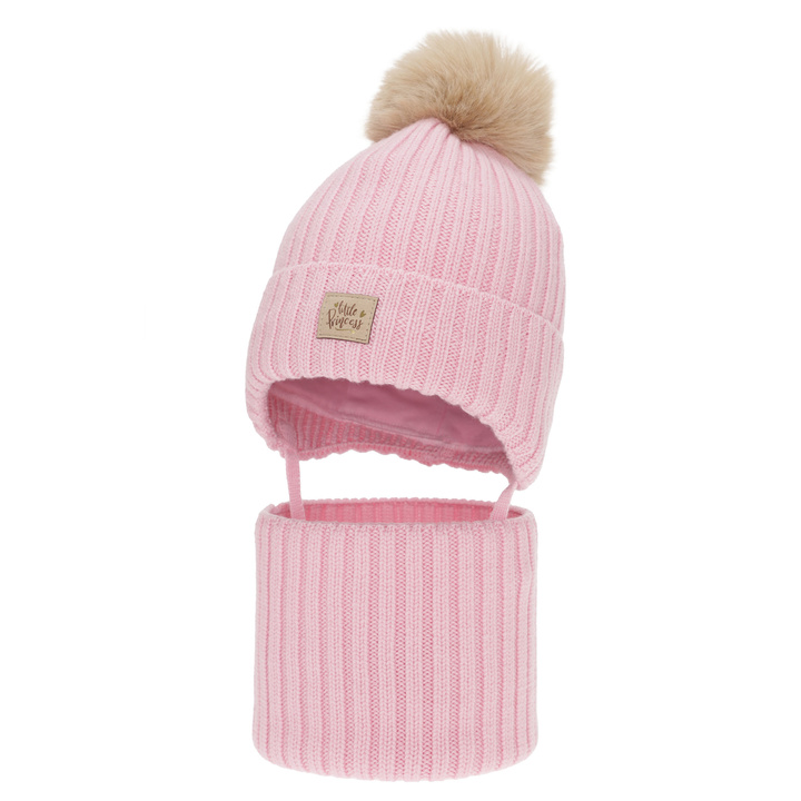 Pige vintersæt: hue og halsvarmer, rosa, 100% Merino Uld, med bindebånd, foret med bomuld, Malesia