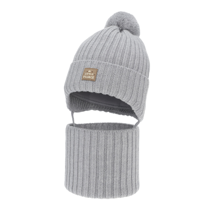 Dreng vintersæt: hue og halsvarmer, grå, 100% Merino Uld, foret med bomuld, med bindebånd, Masil