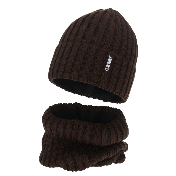 Dreng vintersæt: hue og halsvarmer, brun, med merinould, foret med fleece, Banasko