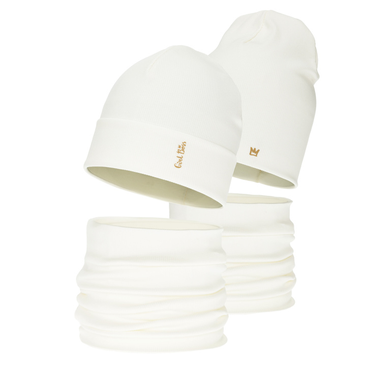 Pige efterår/forår sæt: hue og halsvarmer, cremehvid, bomuld, Carina