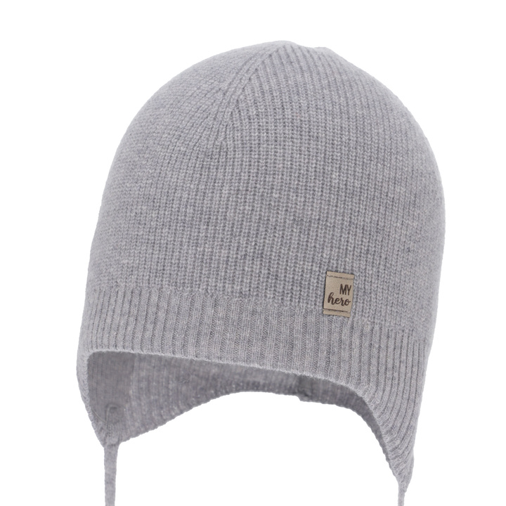 Dreng efterår/forår hue, grå, med merinould og kashmir, med bindebånd, Tono