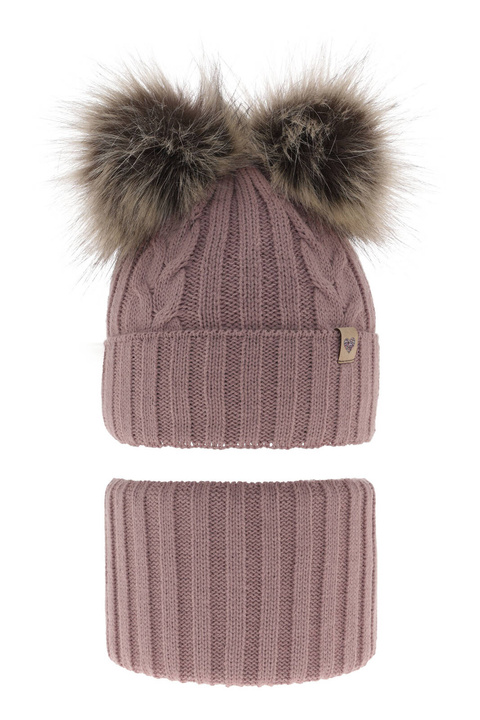 Pige vintersæt: hue og halsedisse, med to pomponer, wrzosowy, Amala