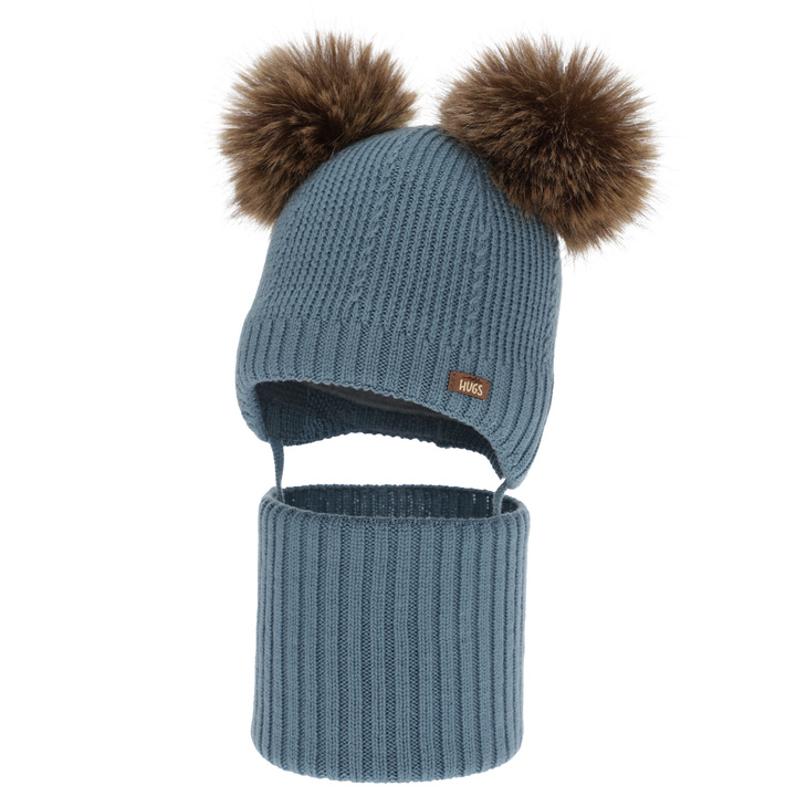 Dreng hue og halsedisse, vinter sæt, blå, 100% merinould, foret med uld fleece, Lumio