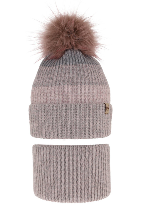 Pige vintersæt: hue og halsrør, grå, med garn pompon, Gimena