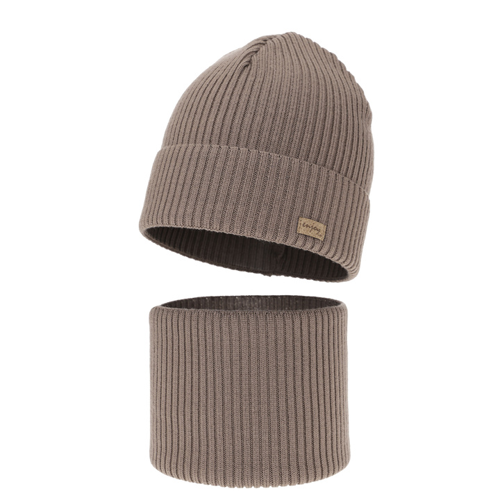 Dreng efterår/forår sæt: hue og halsvarmer, mørkbeige, 100% Merino Uld, Intro