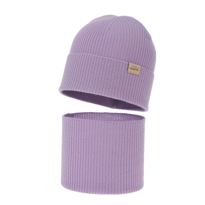 Pige efterår/forår sæt: hue og halsvarmer, fioletowy, 100% Merino Uld, Magenta