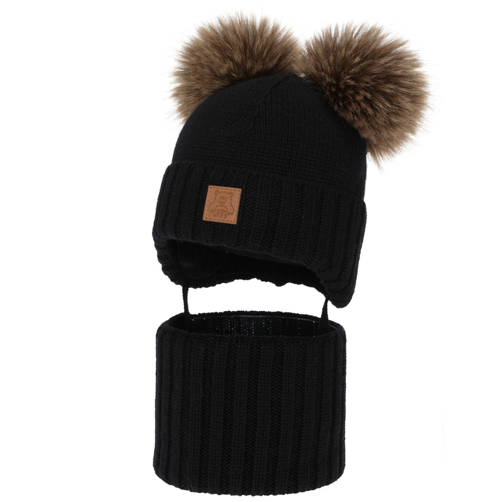 Dreng hue og halsedisse, vinter sæt, sort, 100% merinould, foret med uld fleece, Ronik