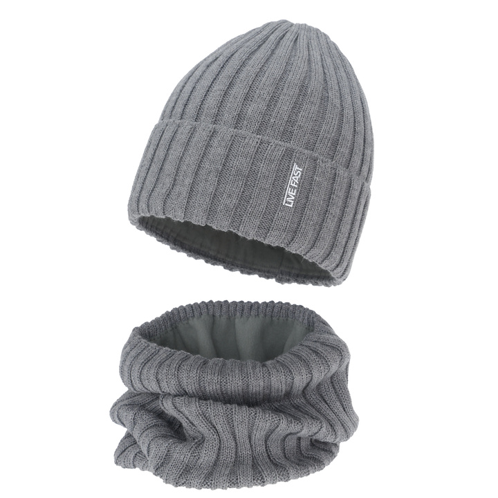 Dreng vintersæt (hue og halsvarmer), beige, med merinould, foret med fleece, Banasko