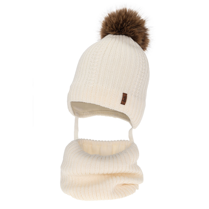 Dreng vintersæt: hue og halsrør, cremefarvet, med merinould, med bindebånd, Zongo