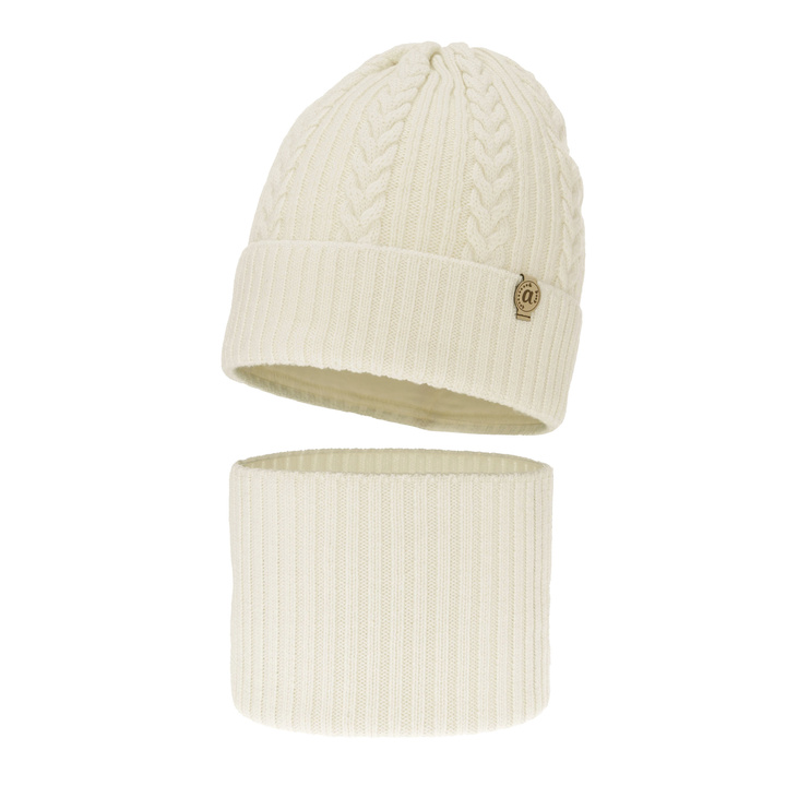 Pige vintersæt: hue og halsvarmer, cremefarvet, med 100% Merino Uld, Jenny