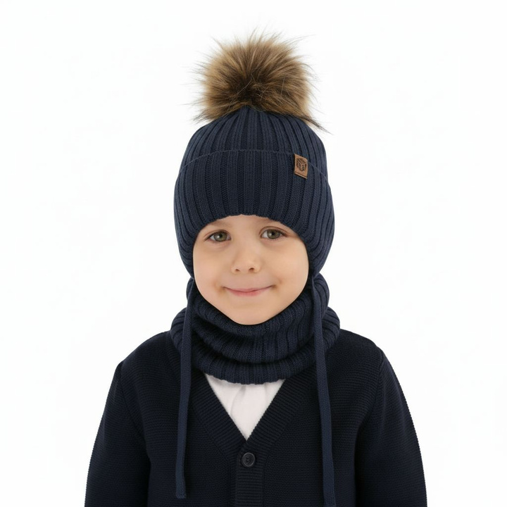 Dreng vintersæt, blå, med bindebånd, med merinould, Juno