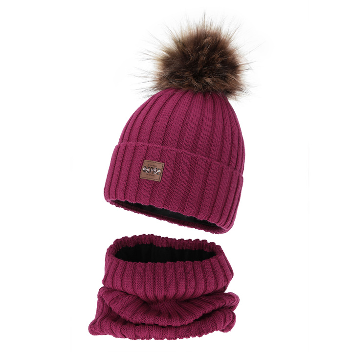 Pige vintersæt: hue og halsvarmer, amarantowy, foret med fleece, med merinould, Bellina