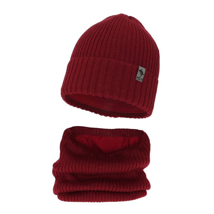 Dreng vintersæt: hue og halsvarmer, bordó, med merinould, Gecko