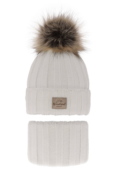 Pige vintersæt: hue og halsrør, hvid, med garn pompon, Kaliope