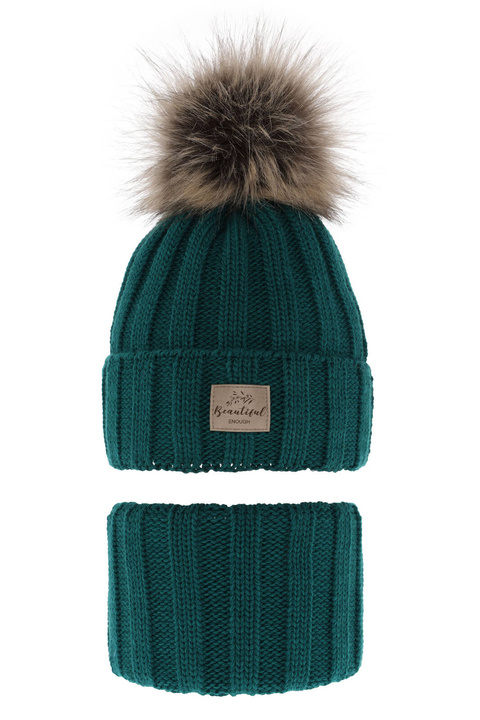 Pige vintersæt: hue og halsedisse, emerald, med garn pompon, Kaliope