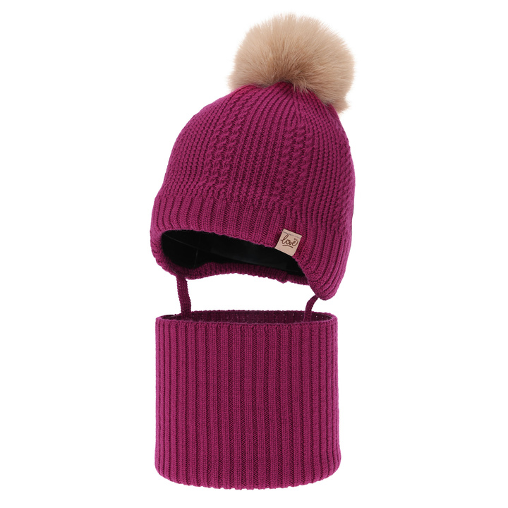 Pige vintersæt (hue og halsvarmer), amarant, 100% Merino Uld, foret med uldent fleece, med bindebånd Danielle