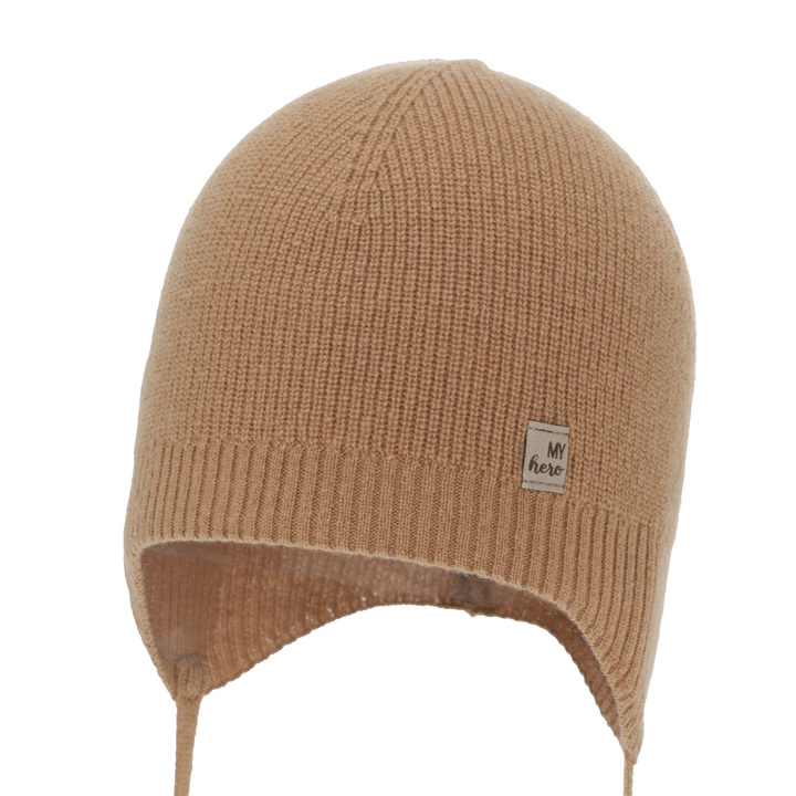 Dreng efterår/forår hue, camel, med merinould, med bindebånd, Tono