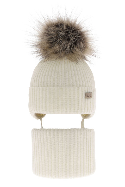 Pige vintersæt: hue og halsvarmer, cremefarvet, med bindebånd, med garn pompon, Bria