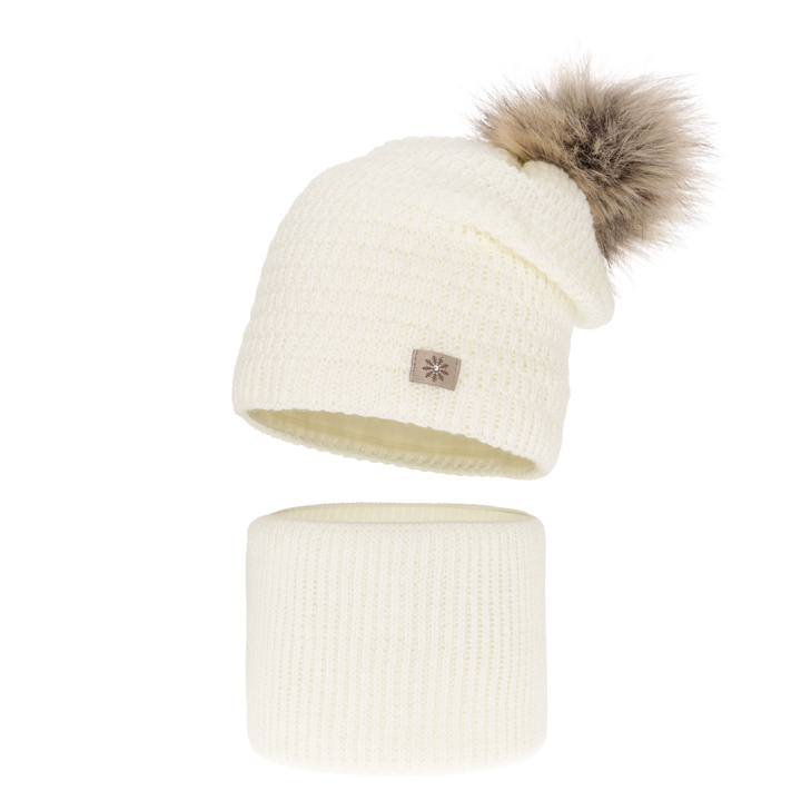 Pige vintersæt: hue og halsrør, cremefarvet, med garn pompon, Germina