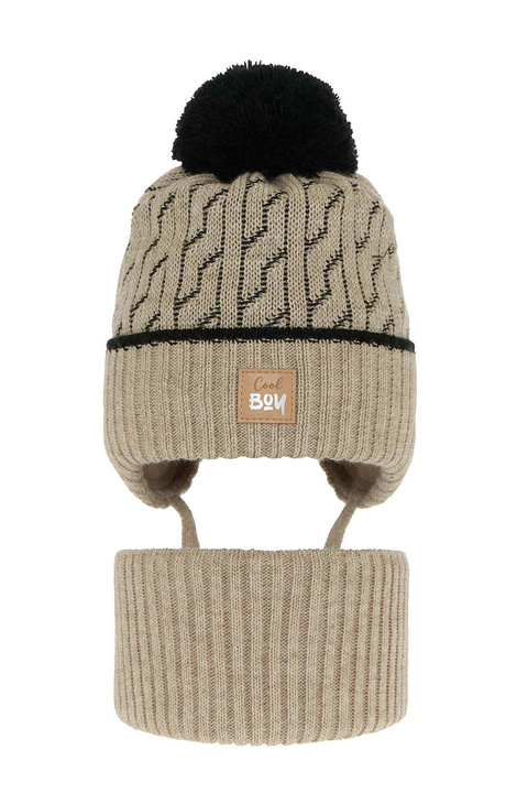 Dreng vintersæt: hue og halsrør, beige, med garn pompon, Pikolo