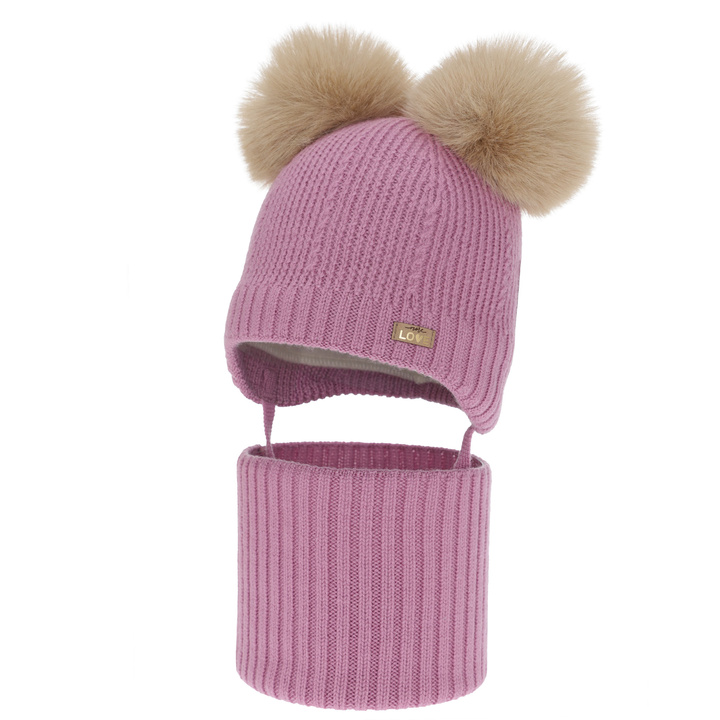 Pige hue og halsedisse, vinter sæt, violet, 100% merinould, foret med uld fleece, Lumia