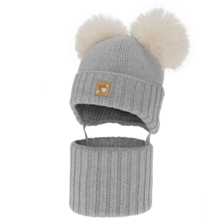 Pige hue og halsedisse, vinter sæt, grå, 100% merinould, foret med uld fleece, Ronia