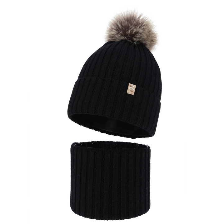 Pige vintersæt: hue og halsvarmer, sort, 100% Merino Uld, foret med bomuld, med pompon, Terida