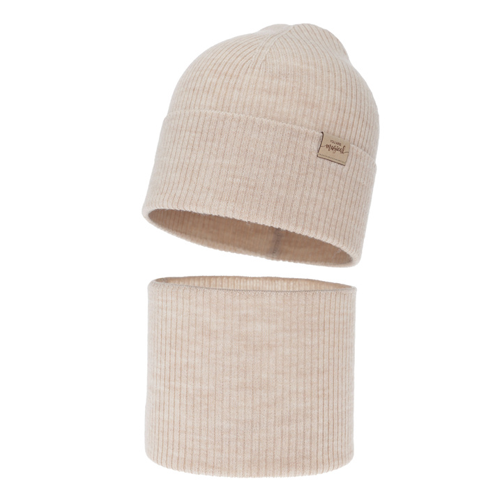 Pige efterår/forår sæt: hue og halsvarmer, kremowy, 100% Merino Uld, Magenta