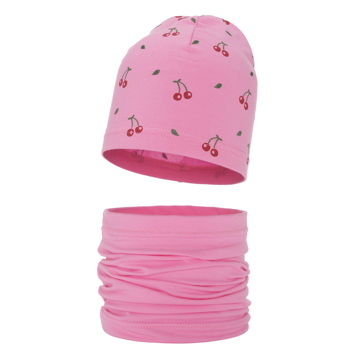 Pige efterår/forår sæt: hue og halsvarmer, rosa, bomuld, Cerise