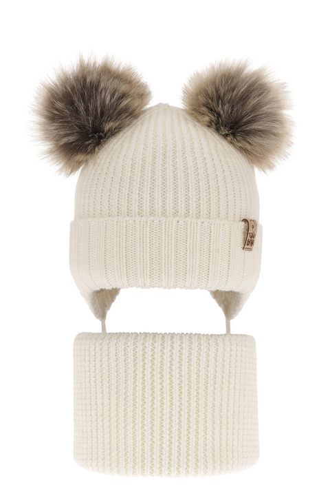 Dreng vintersæt: hue og halsvarmer, cremefarvet, med bindebånd, med merinould, Konor