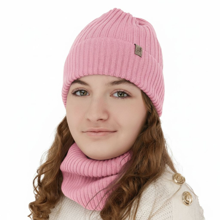 Pige vintersæt: hue og halsvarmer, pink, 100% Merino Uld, Patricia