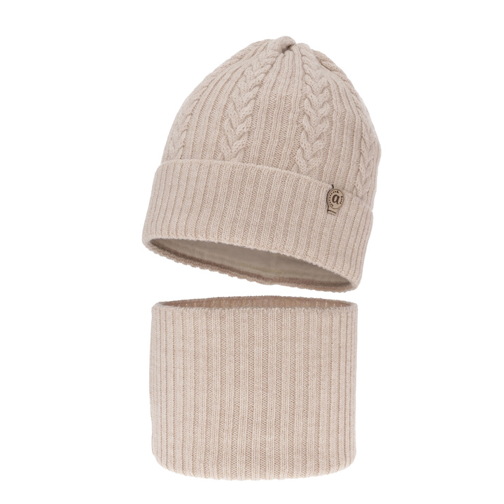 Pige vintersæt: hue og halsvarmer, beige, med merinould, Jenny