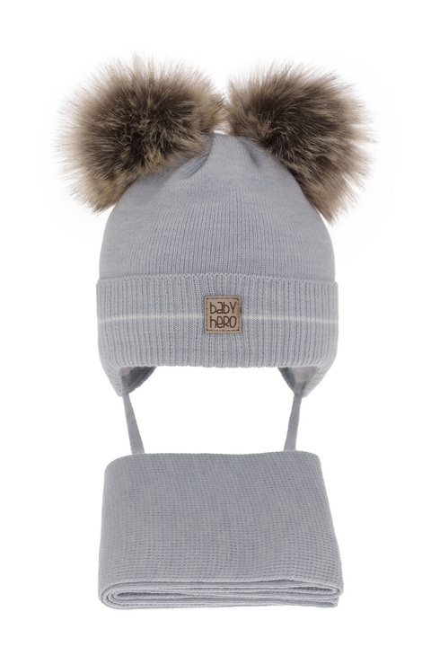 Dreng vintersæt: hue og tørklæde, vinter, lys blå, med to pomponer, med bindebånd, Melon