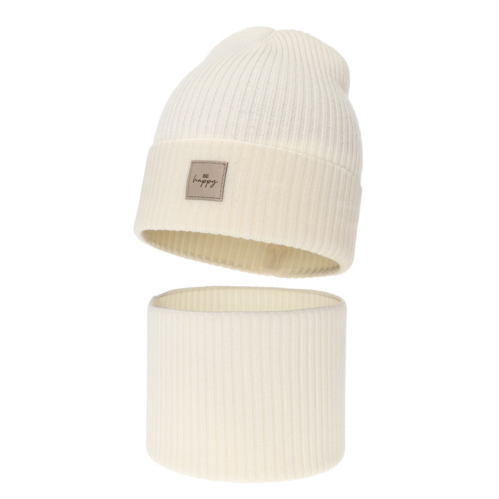 Pige efterår/forår sæt: hue og halsvarmer, cremefarvet, med merinould, Vanita