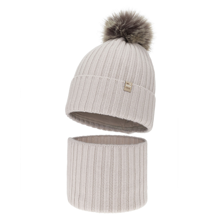 Pige vintersæt: hue og halsvarmer, beige, 100% Merino Uld, foret med bomuld, med pompon, Terida