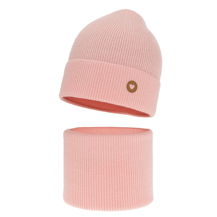 Pige efterår/forår sæt: hue og halsrør, lys rosa, med 100% Merino uld, Brook