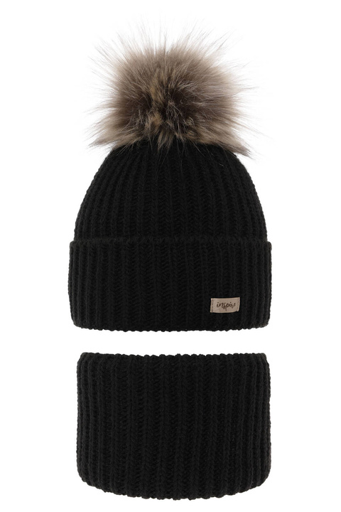 Pige vintersæt: hue og halsrør, sort, med garn pompon, Willow