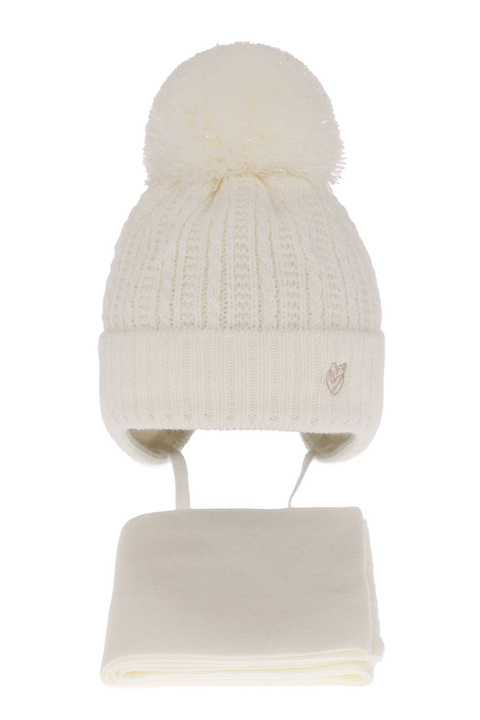 Pige vintersæt: hue og tørklæde, cremefarvet, med bindebånd, med garn pompon, Marisa