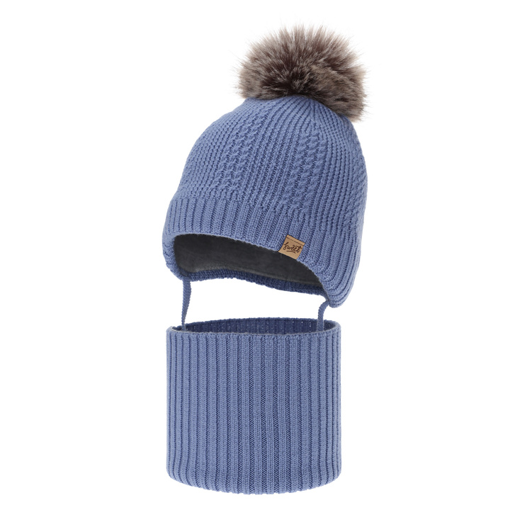 Dreng hue og halsedisse, vinter sæt, blå, 100% merinould, foret med uld fleece, med bindebånd Danny