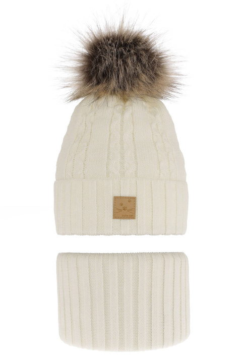 Pige vintersæt: hue og halsrør, cremefarvet, med garn pompon, Alexia