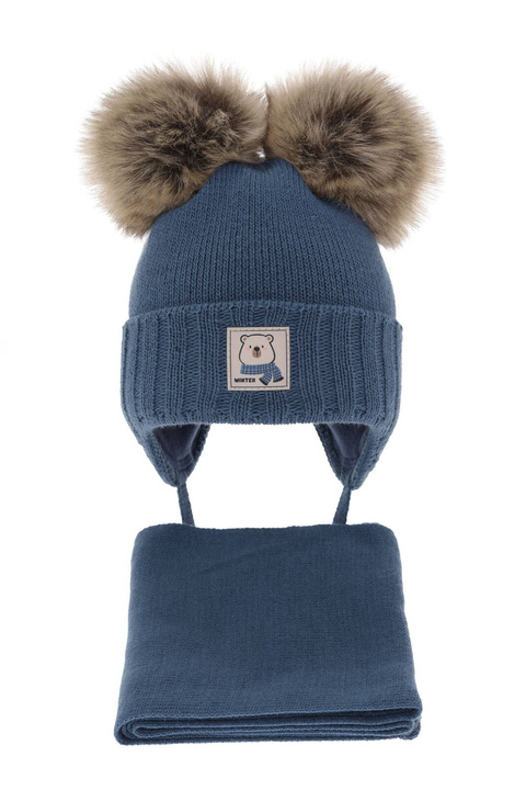 Dreng vintersæt: hue og tørklæde, blå, med to pomponer (garn), Jewel