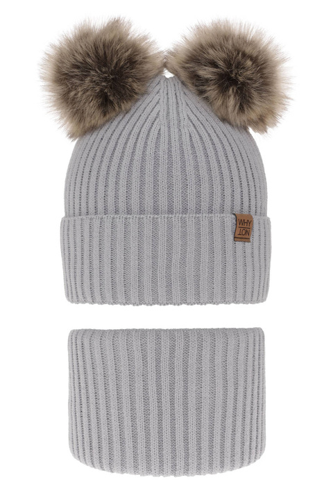 Dreng vintersæt, lys grå, med to pomponer, Oxford