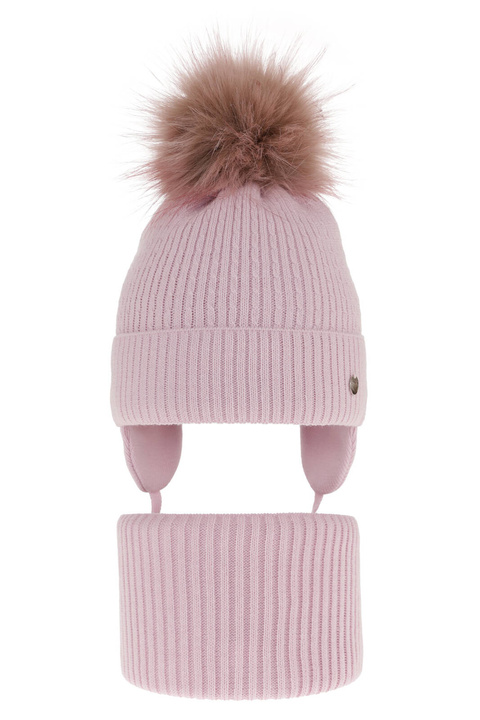 Pige vintersæt: hue og halsvarmer, lilla, med bindebånd, med garn pompon, Debra