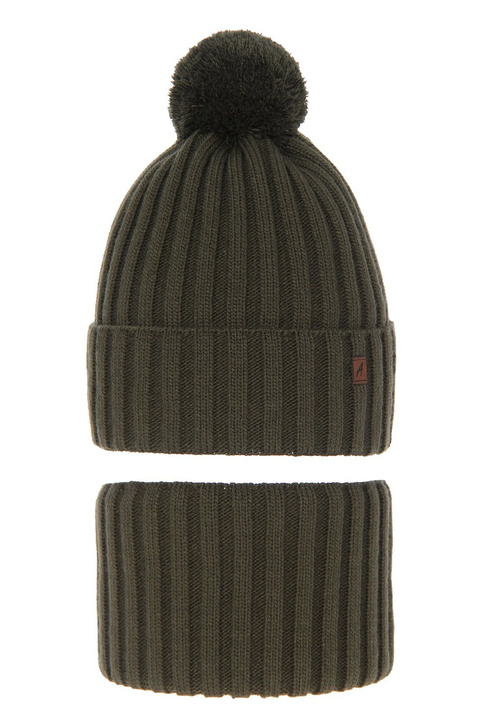 Dreng vintersæt: hue og halsrør, khaki, med garn pompon, Wiliam