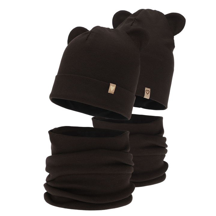 Pige efterår/forår sæt: hue og halsvarmer, bomuld, mørkebrun, Luminia